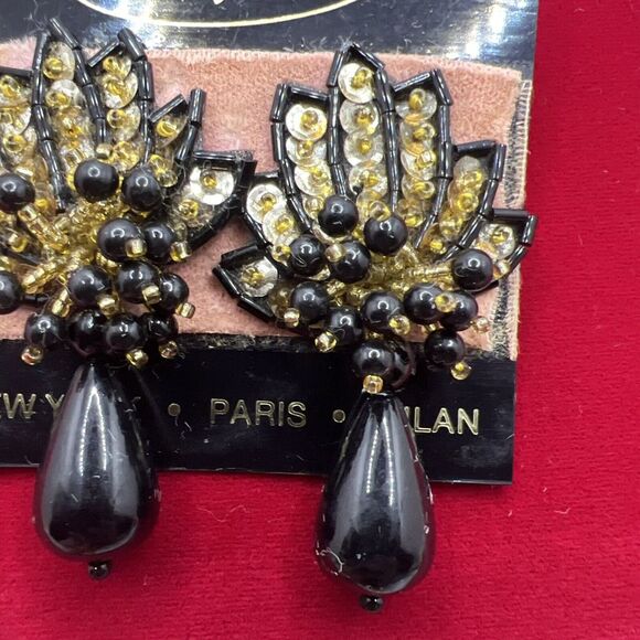 Vintage Bijoux Infini Clip On Earrings Black Beads‎ With Gold Tone Rhinestone - Picture 3 of 5